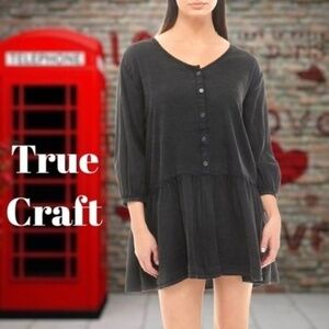 TRUE Craft Long Sleeve Button Front Mini Dress in Black